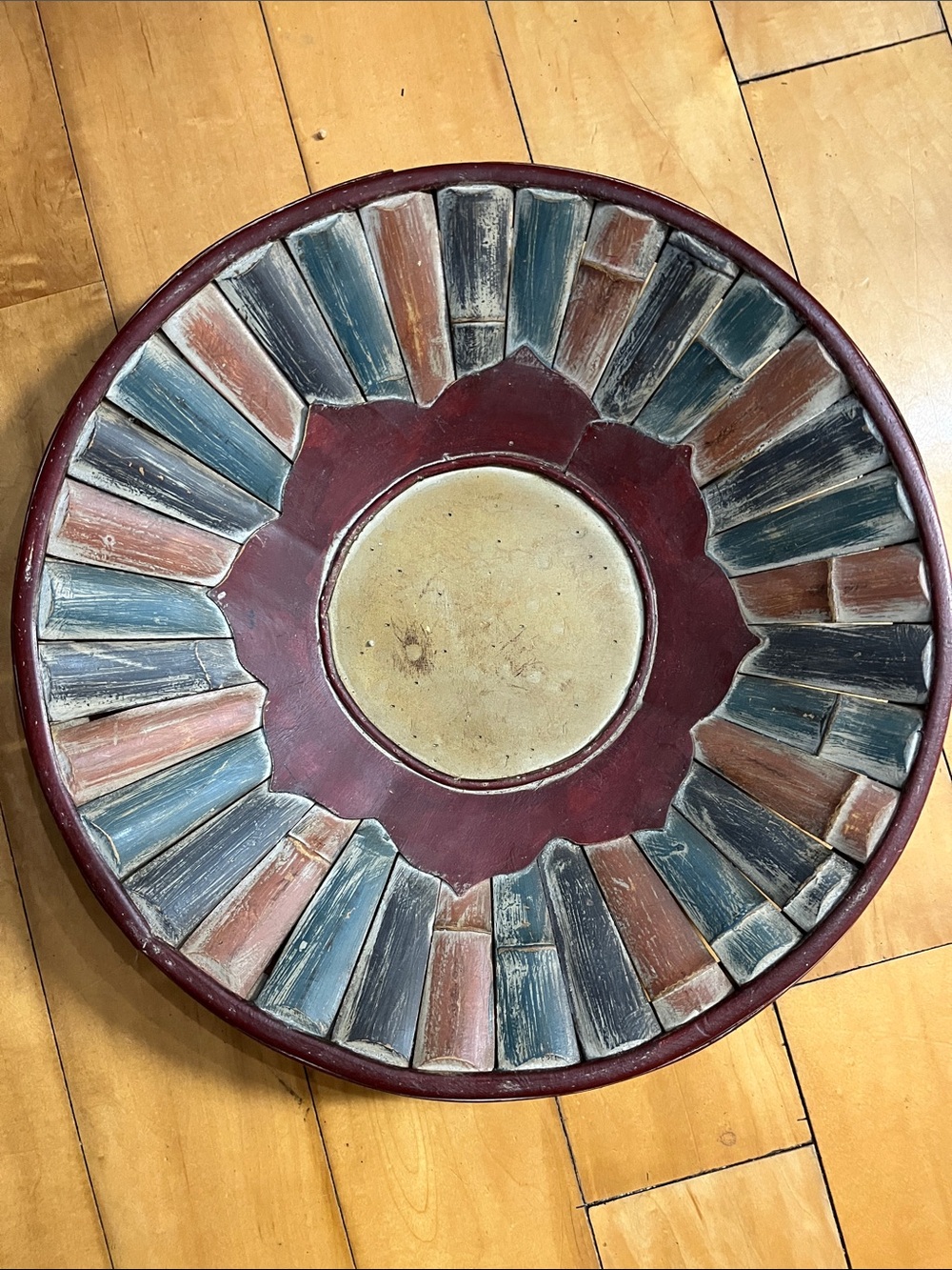 Handcrafted Multicolor wood /Ceramic bowl for coffee table - Blue, Red & Cream.